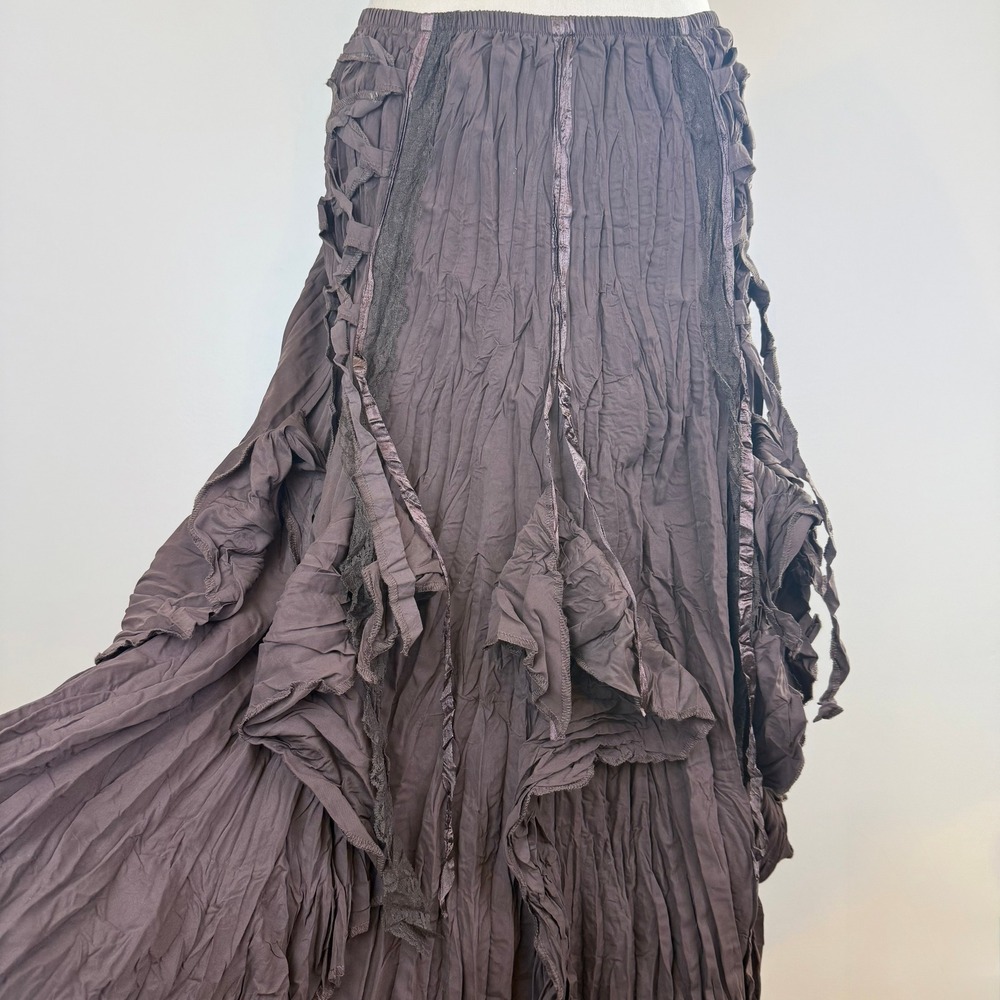 NWT Surrealist Brown Fairy Crinkle Ruffle Maxi Skirt Lace Up Ribbon Boho Whimsy - Picture 6 of 11